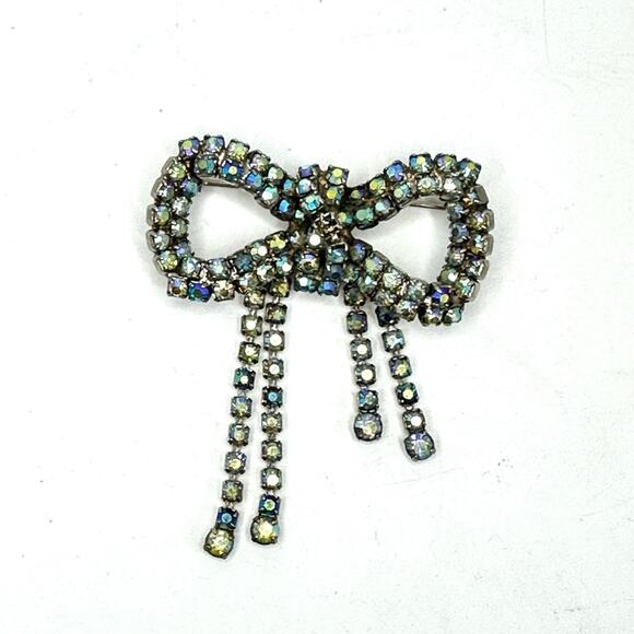 80’s Vintage Blue Rhinestone Cascading Bow Brooch - Picture 2 of 4